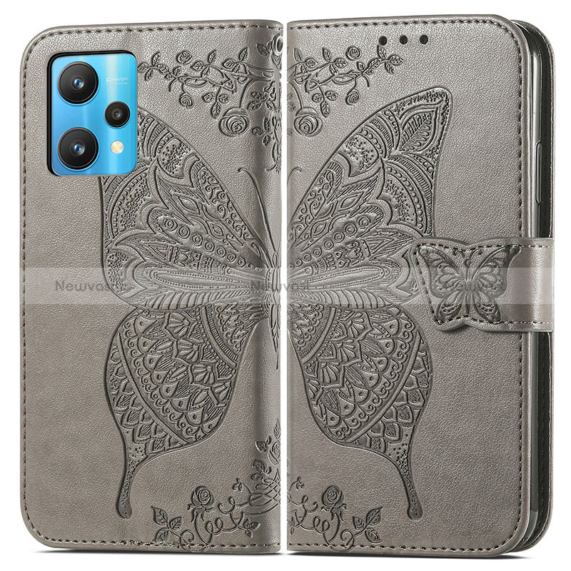 Leather Case Stands Butterfly Flip Cover Holder for Realme 9 Pro 5G Gray