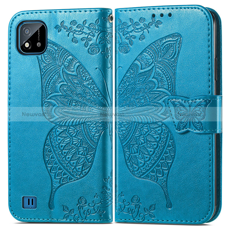 Leather Case Stands Butterfly Flip Cover Holder for Realme C11 (2021) Blue