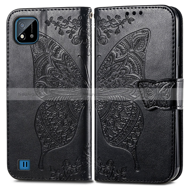 Leather Case Stands Butterfly Flip Cover Holder for Realme C20 Black