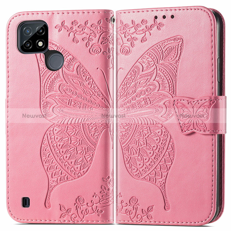 Leather Case Stands Butterfly Flip Cover Holder for Realme C21 Hot Pink