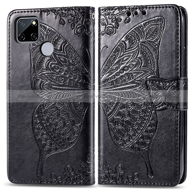 Leather Case Stands Butterfly Flip Cover Holder for Realme C25 Black