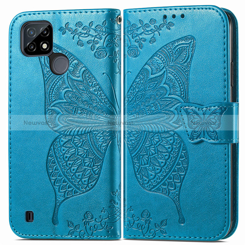 Leather Case Stands Butterfly Flip Cover Holder for Realme C25Y India Blue