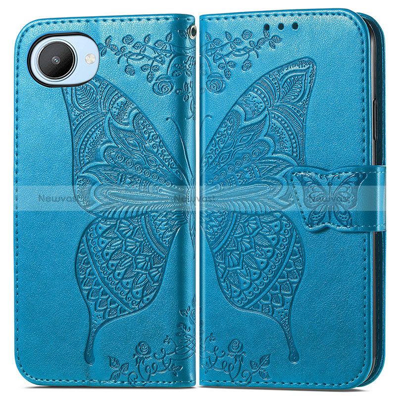 Leather Case Stands Butterfly Flip Cover Holder for Realme C30 Blue