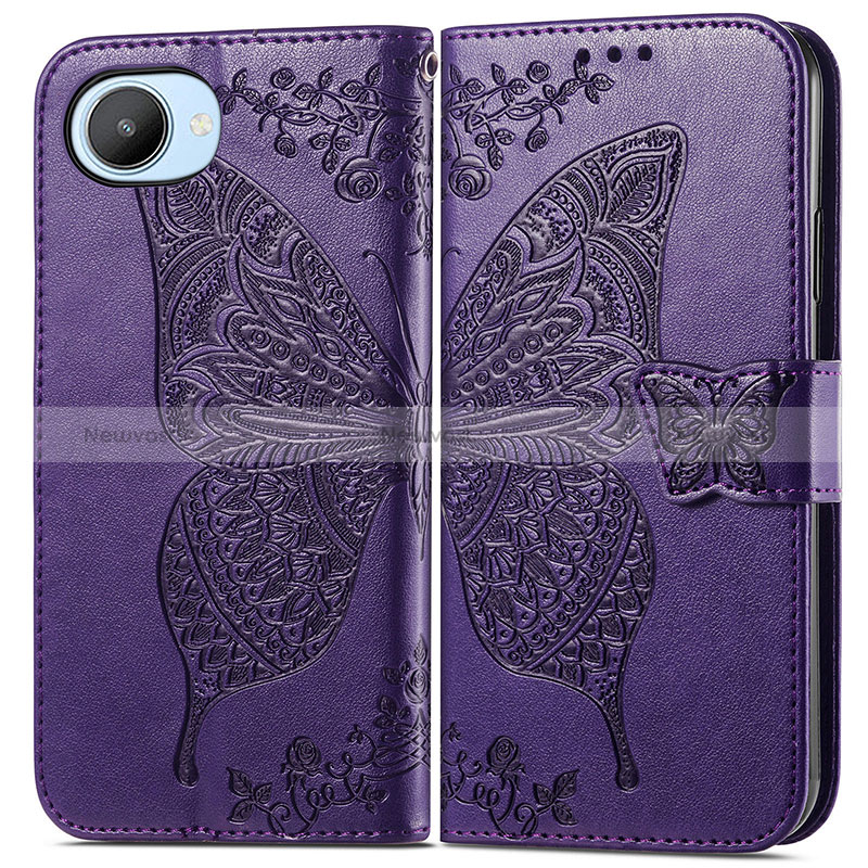 Leather Case Stands Butterfly Flip Cover Holder for Realme C30s Purple