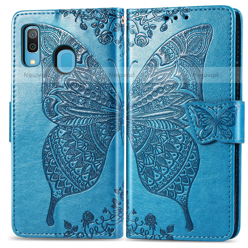 Leather Case Stands Butterfly Flip Cover Holder for Samsung Galaxy A20 Blue