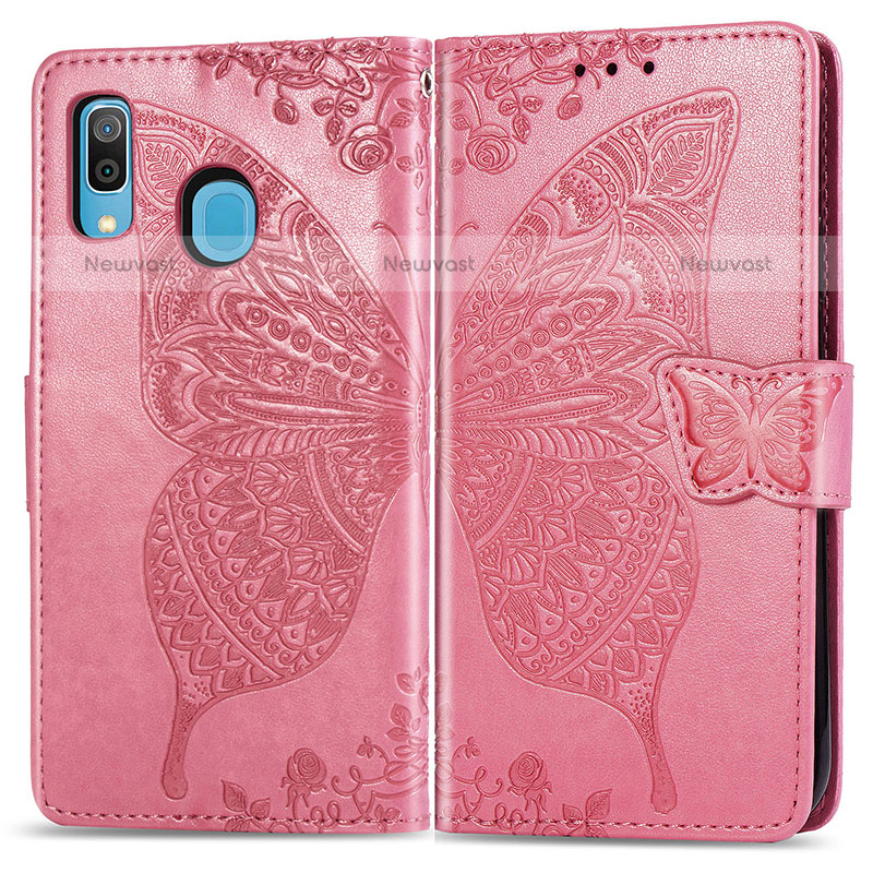 Leather Case Stands Butterfly Flip Cover Holder for Samsung Galaxy A20 Hot Pink