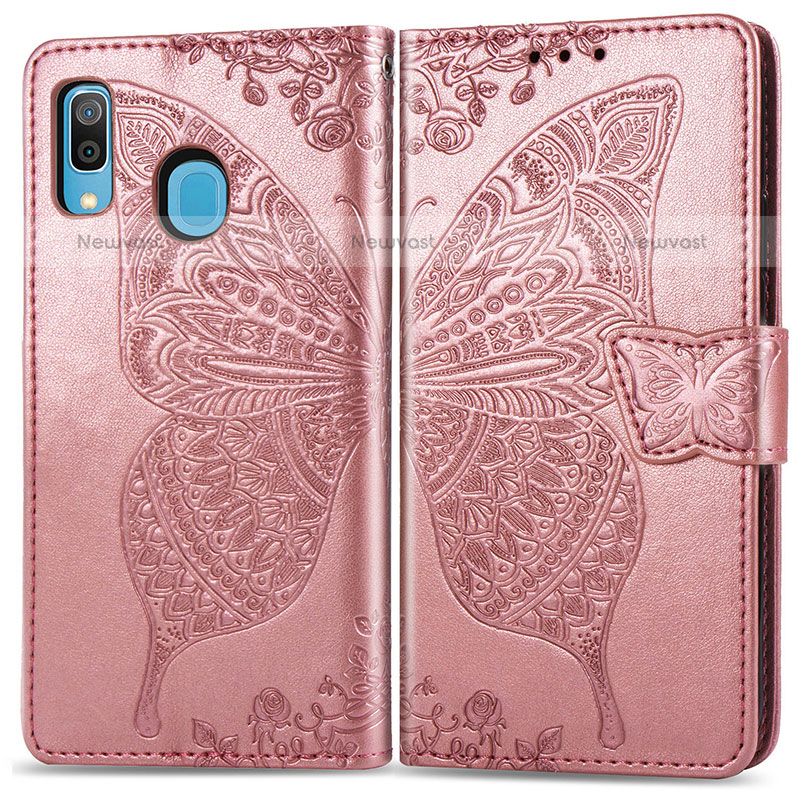 Leather Case Stands Butterfly Flip Cover Holder for Samsung Galaxy A20 Pink