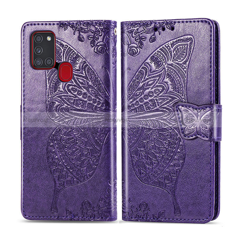 Leather Case Stands Butterfly Flip Cover Holder for Samsung Galaxy A21s Purple