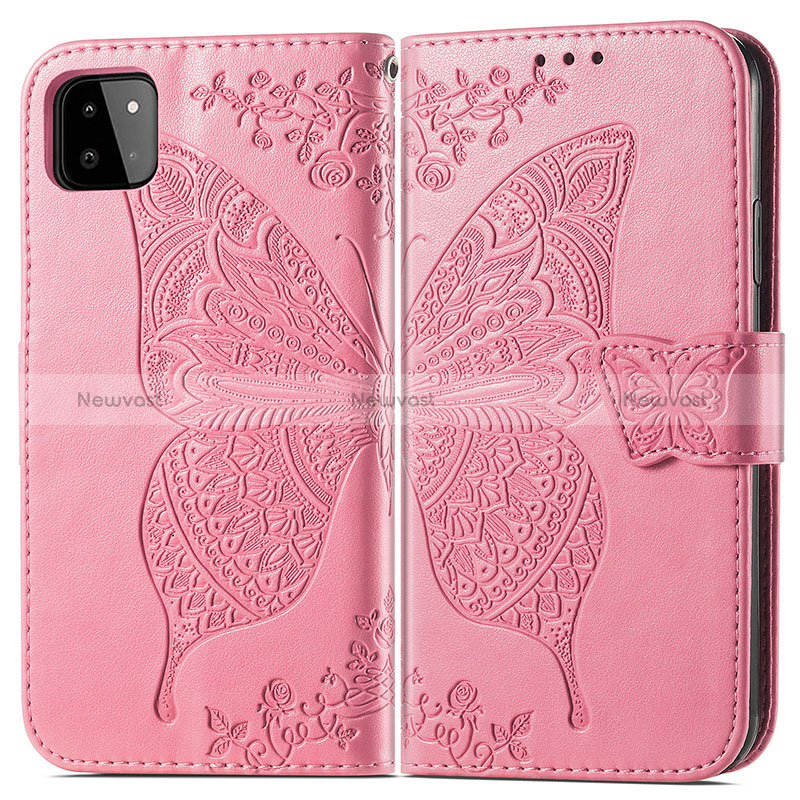 Leather Case Stands Butterfly Flip Cover Holder for Samsung Galaxy A22 5G Hot Pink