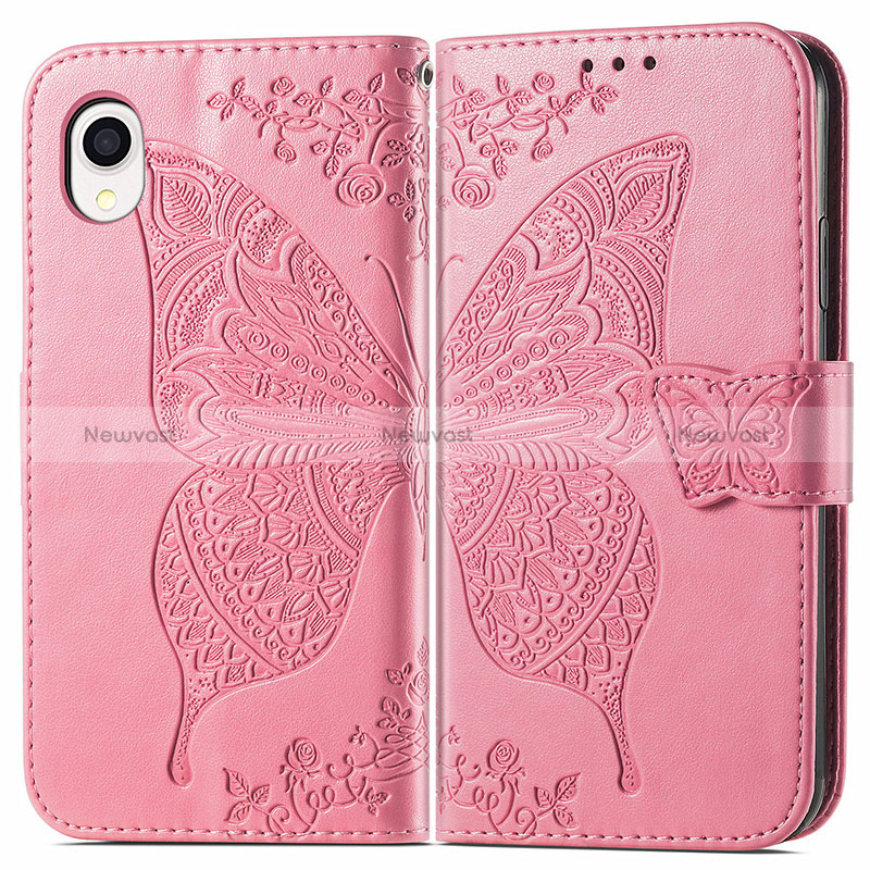 Leather Case Stands Butterfly Flip Cover Holder for Samsung Galaxy A22 5G SC-56B Hot Pink