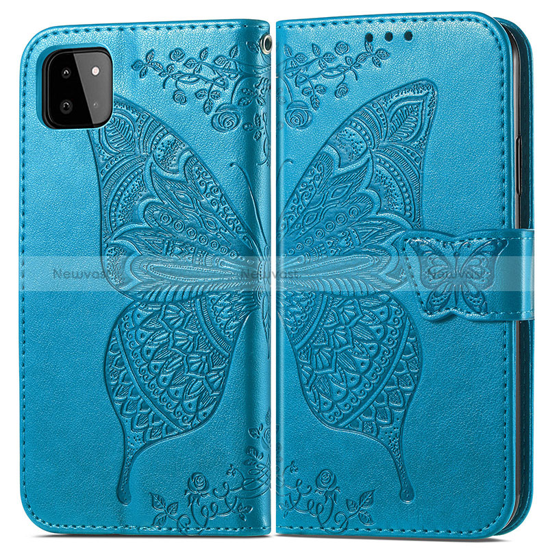 Leather Case Stands Butterfly Flip Cover Holder for Samsung Galaxy A22s 5G Blue