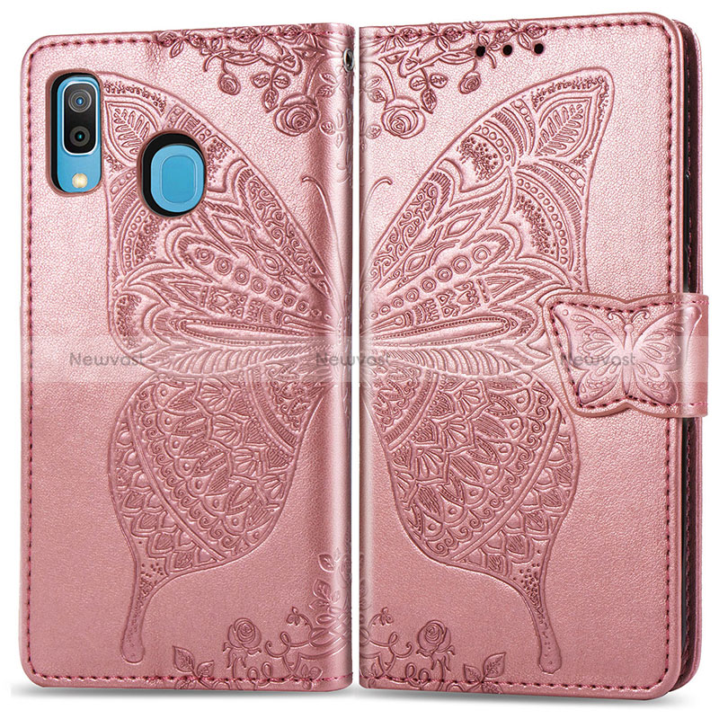 Leather Case Stands Butterfly Flip Cover Holder for Samsung Galaxy A30 Pink