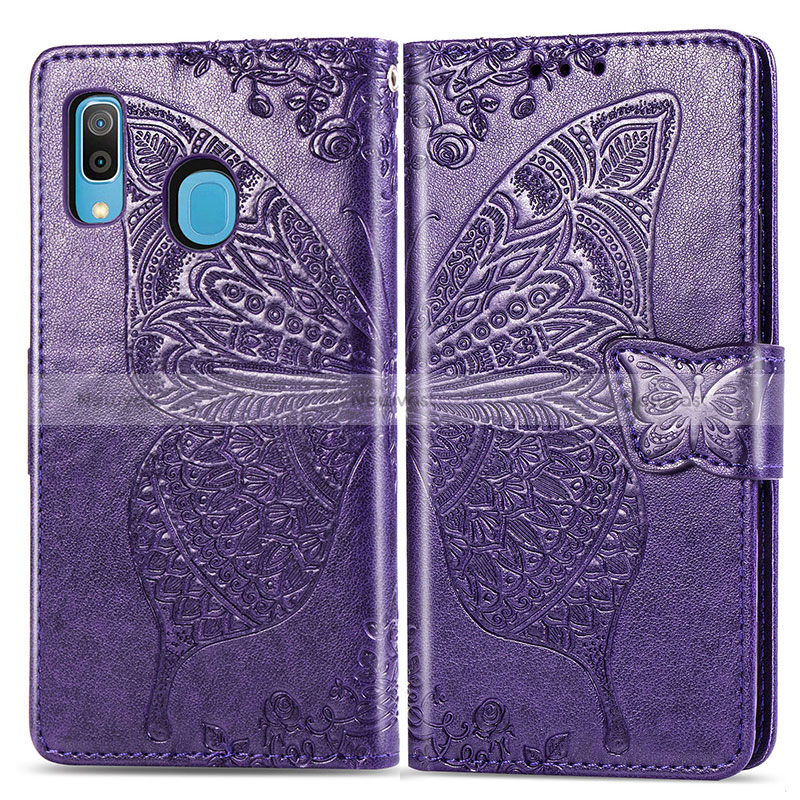 Leather Case Stands Butterfly Flip Cover Holder for Samsung Galaxy A30 Purple