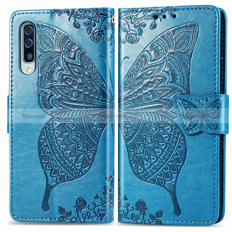 Leather Case Stands Butterfly Flip Cover Holder for Samsung Galaxy A50S Blue