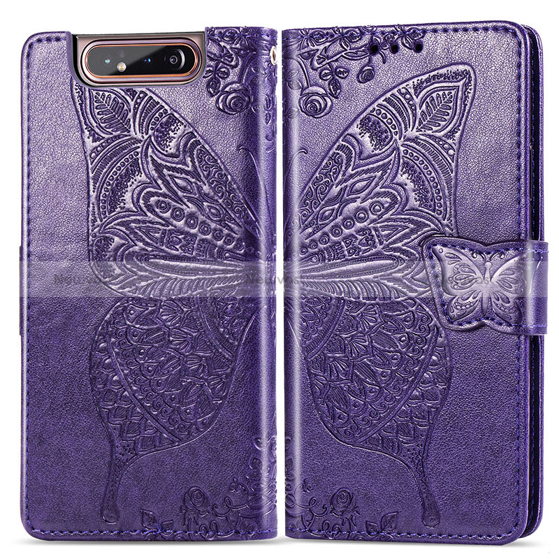 Leather Case Stands Butterfly Flip Cover Holder for Samsung Galaxy A80 Purple