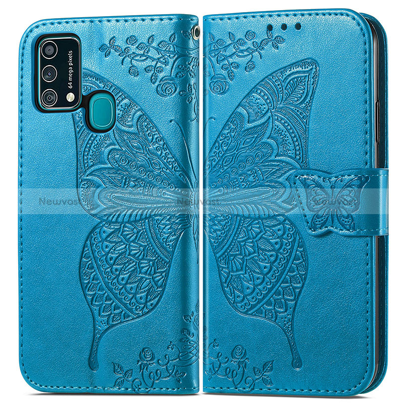 Leather Case Stands Butterfly Flip Cover Holder for Samsung Galaxy F41 Blue