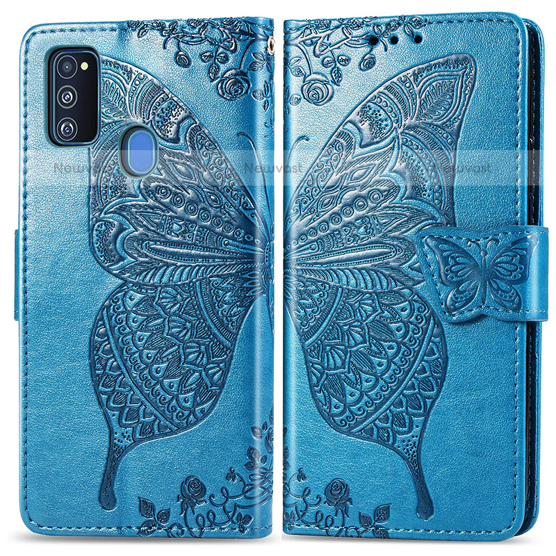 Leather Case Stands Butterfly Flip Cover Holder for Samsung Galaxy M21 Blue