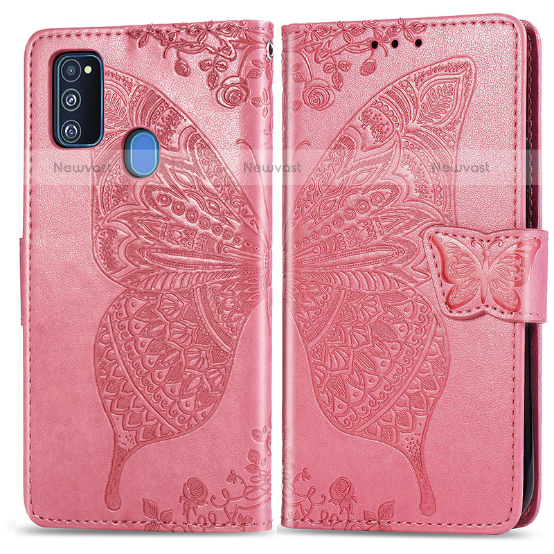 Leather Case Stands Butterfly Flip Cover Holder for Samsung Galaxy M21 Hot Pink