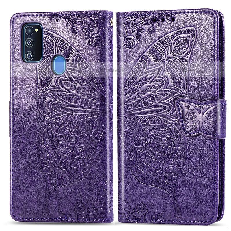 Leather Case Stands Butterfly Flip Cover Holder for Samsung Galaxy M21 Purple