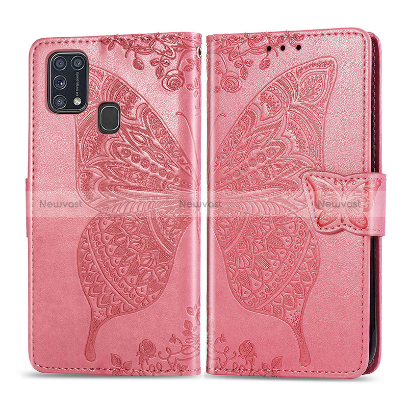 Leather Case Stands Butterfly Flip Cover Holder for Samsung Galaxy M21s Hot Pink