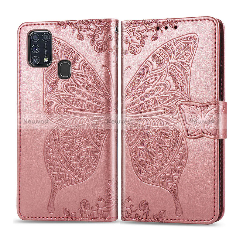 Leather Case Stands Butterfly Flip Cover Holder for Samsung Galaxy M21s Pink