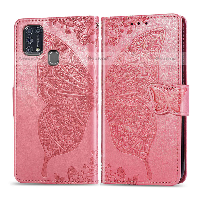 Leather Case Stands Butterfly Flip Cover Holder for Samsung Galaxy M31 Prime Edition Hot Pink