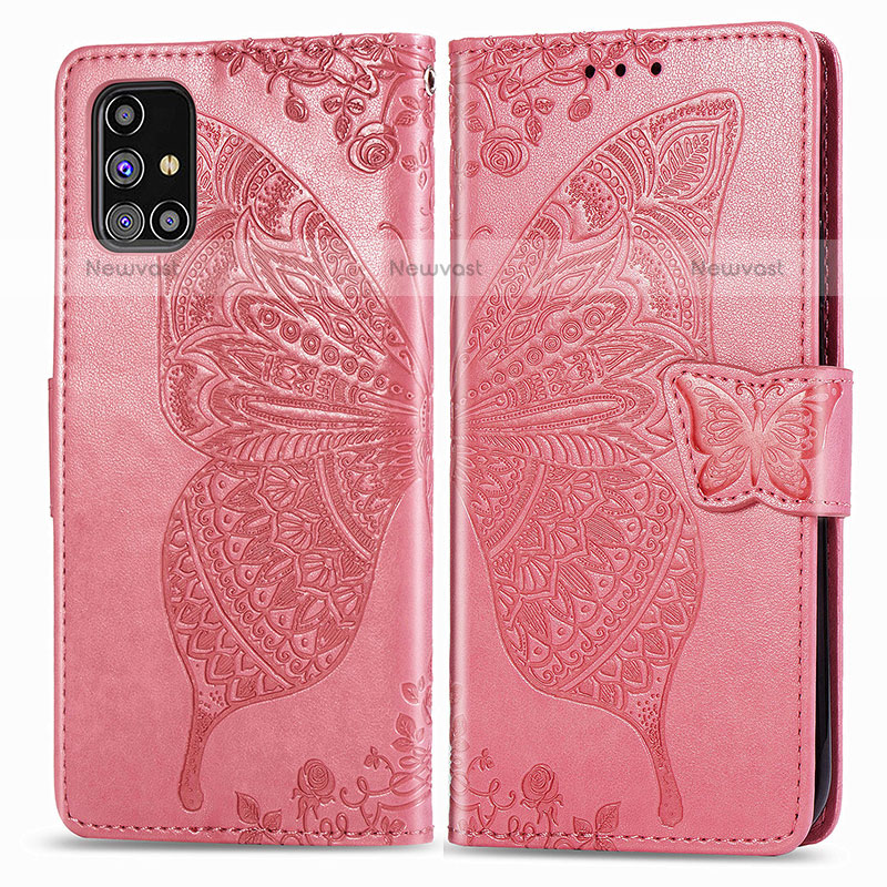 Leather Case Stands Butterfly Flip Cover Holder for Samsung Galaxy M31s Hot Pink