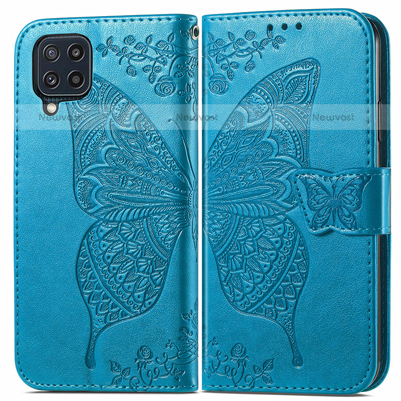 Leather Case Stands Butterfly Flip Cover Holder for Samsung Galaxy M32 4G Blue