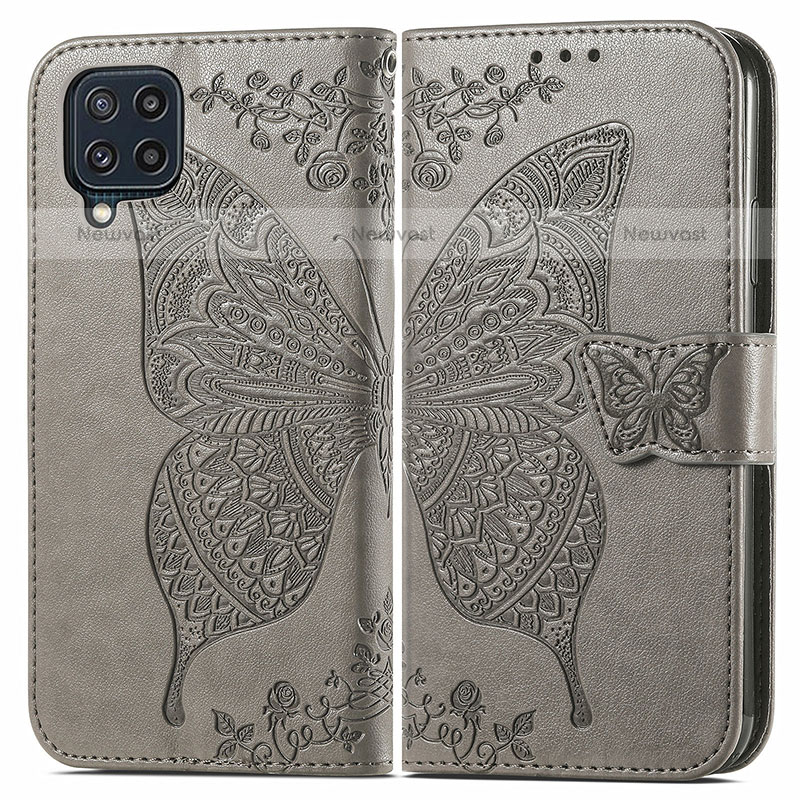 Leather Case Stands Butterfly Flip Cover Holder for Samsung Galaxy M32 4G Gray