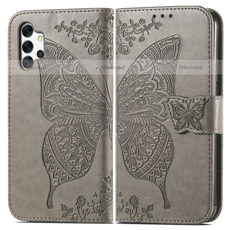 Leather Case Stands Butterfly Flip Cover Holder for Samsung Galaxy M32 5G Gray