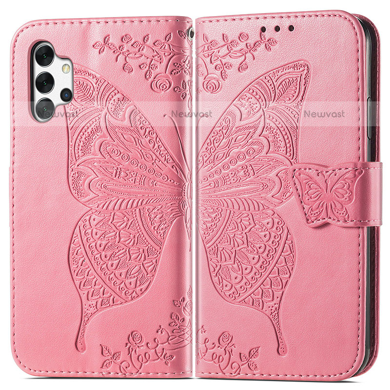 Leather Case Stands Butterfly Flip Cover Holder for Samsung Galaxy M32 5G Hot Pink