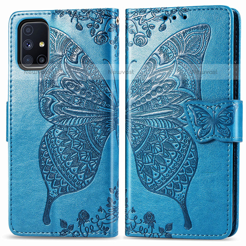 Leather Case Stands Butterfly Flip Cover Holder for Samsung Galaxy M51 Blue