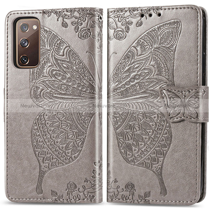 Leather Case Stands Butterfly Flip Cover Holder for Samsung Galaxy S20 FE (2022) 5G Gray