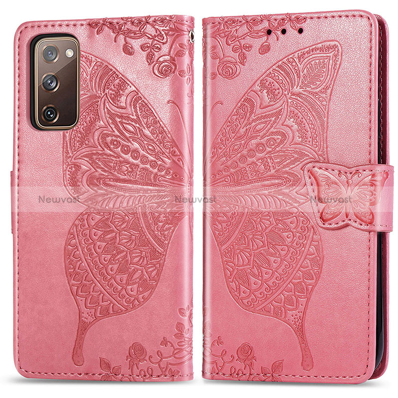 Leather Case Stands Butterfly Flip Cover Holder for Samsung Galaxy S20 FE (2022) 5G Hot Pink