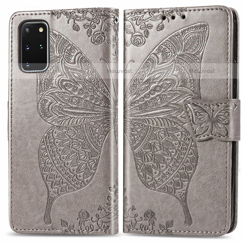 Leather Case Stands Butterfly Flip Cover Holder for Samsung Galaxy S20 Plus Gray