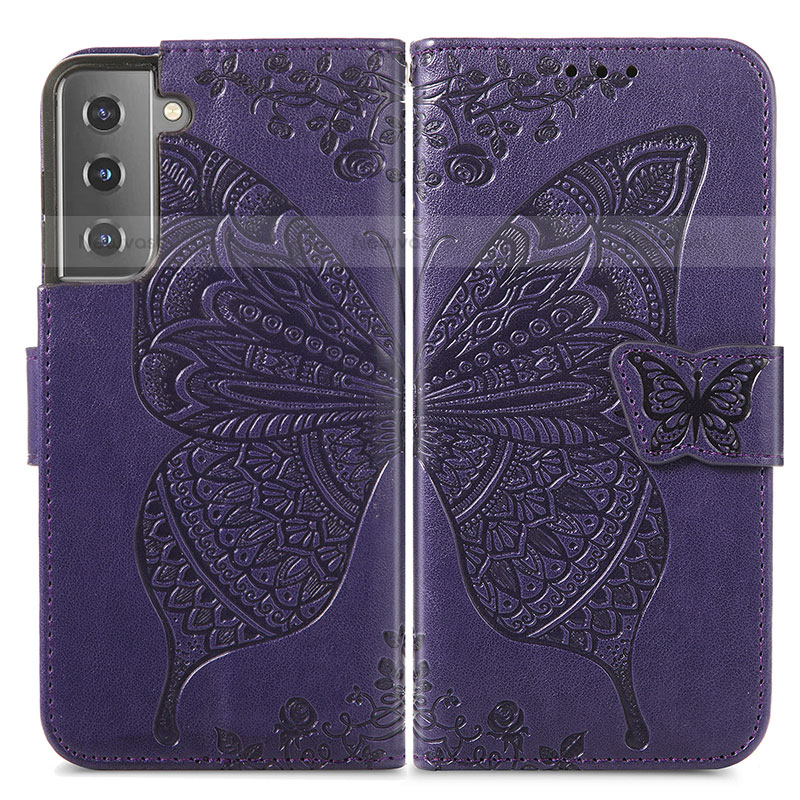 Leather Case Stands Butterfly Flip Cover Holder for Samsung Galaxy S21 FE 5G Purple
