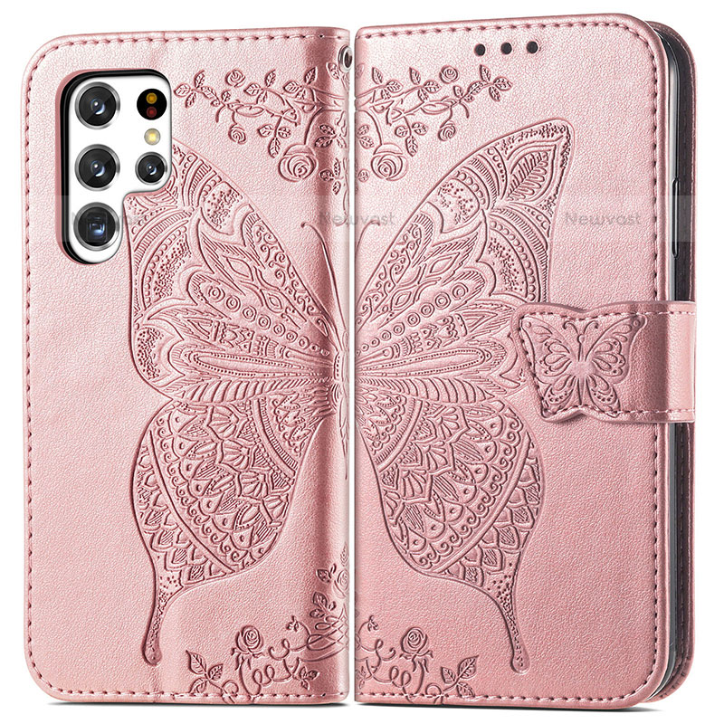 Leather Case Stands Butterfly Flip Cover Holder for Samsung Galaxy S21 Ultra 5G Pink