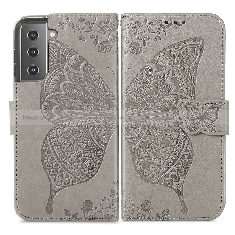 Leather Case Stands Butterfly Flip Cover Holder for Samsung Galaxy S22 Plus 5G Gray