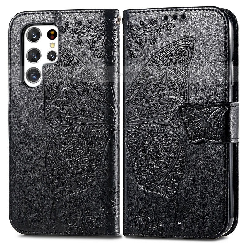 Leather Case Stands Butterfly Flip Cover Holder for Samsung Galaxy S22 Ultra 5G Black