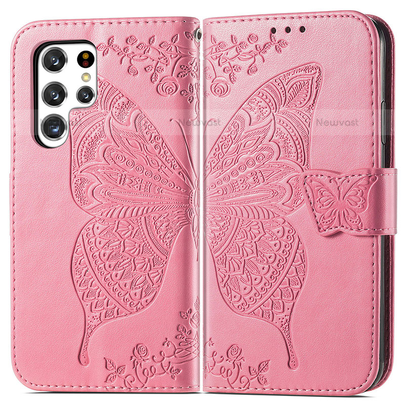 Leather Case Stands Butterfly Flip Cover Holder for Samsung Galaxy S22 Ultra 5G Hot Pink