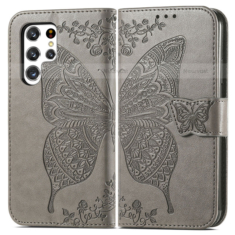 Leather Case Stands Butterfly Flip Cover Holder for Samsung Galaxy S23 Ultra 5G Gray