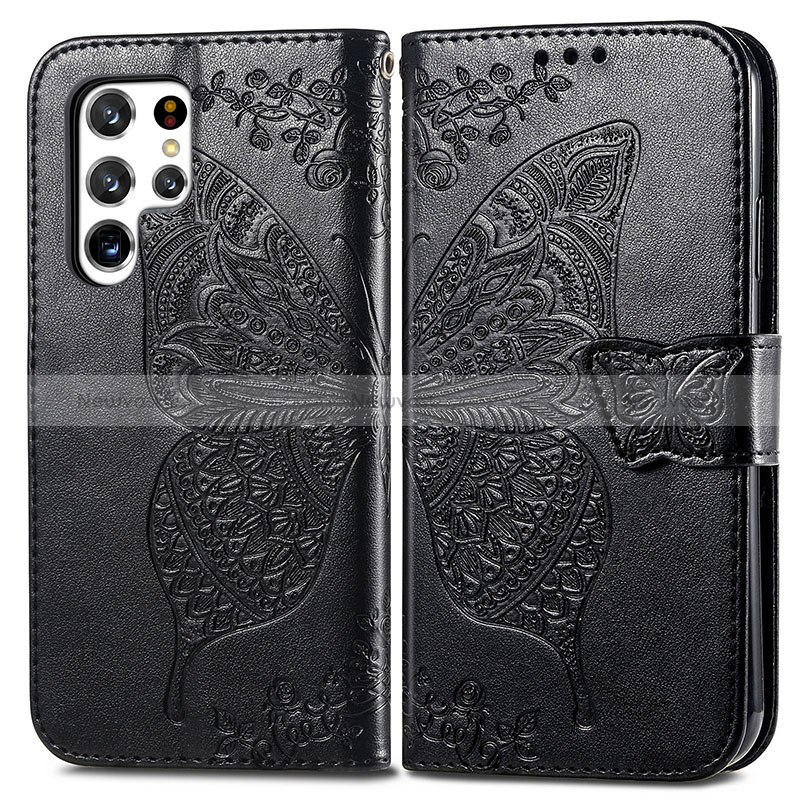 Leather Case Stands Butterfly Flip Cover Holder for Samsung Galaxy S24 Ultra 5G Black