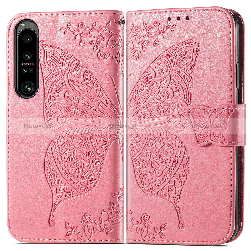 Leather Case Stands Butterfly Flip Cover Holder for Sony Xperia 1 IV Hot Pink
