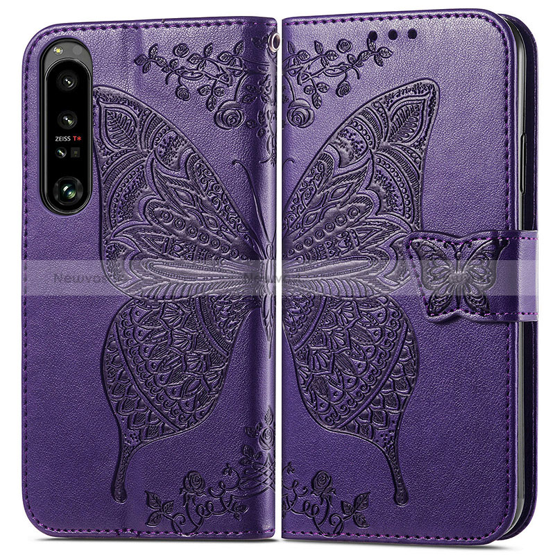 Leather Case Stands Butterfly Flip Cover Holder for Sony Xperia 1 IV Purple