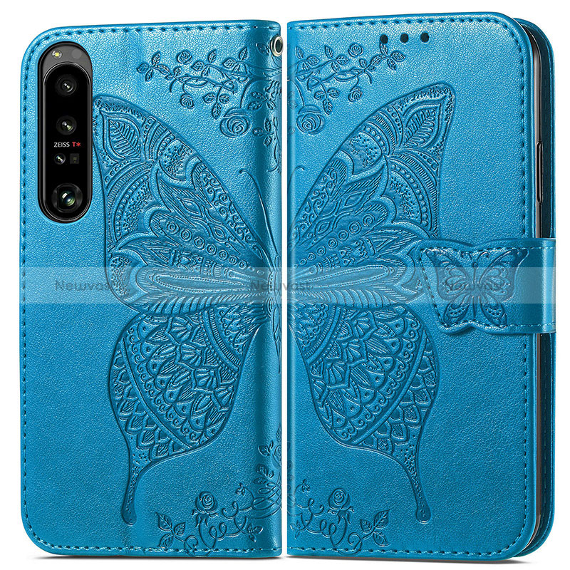 Leather Case Stands Butterfly Flip Cover Holder for Sony Xperia 1 IV SO-51C Blue