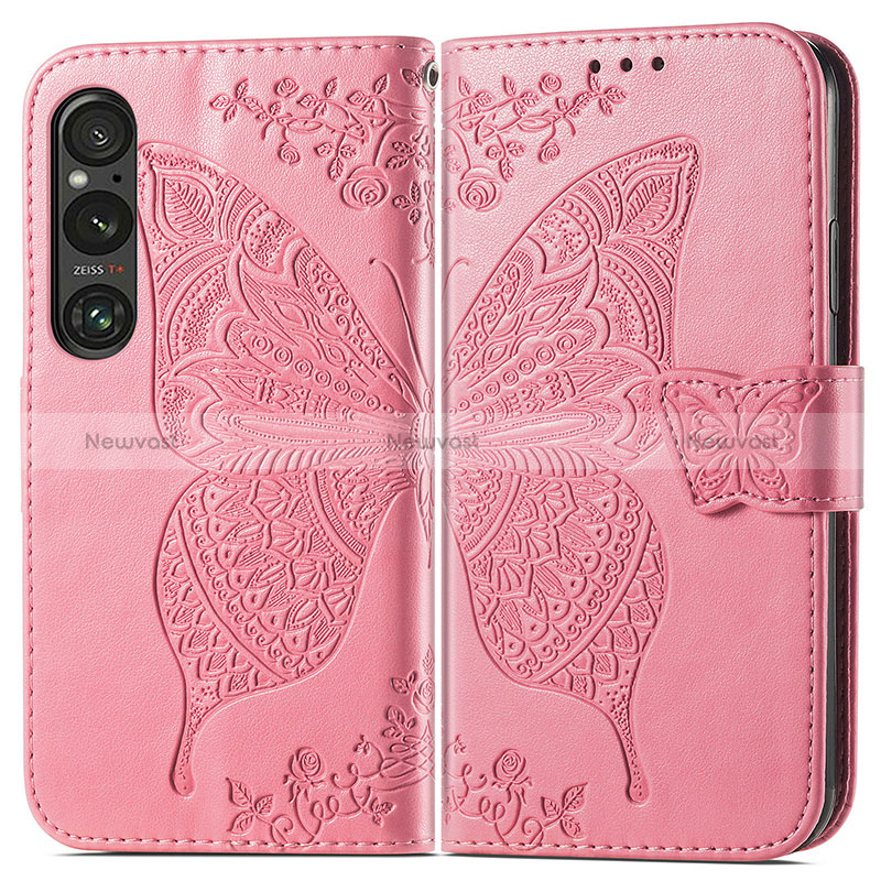 Leather Case Stands Butterfly Flip Cover Holder for Sony Xperia 1 V Hot Pink