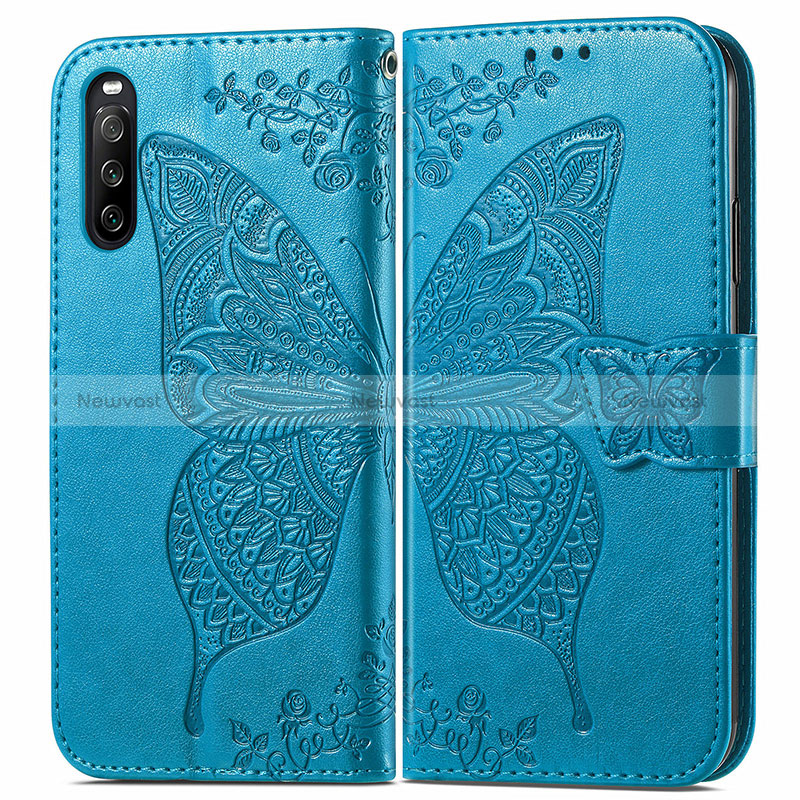 Leather Case Stands Butterfly Flip Cover Holder for Sony Xperia 10 III Blue