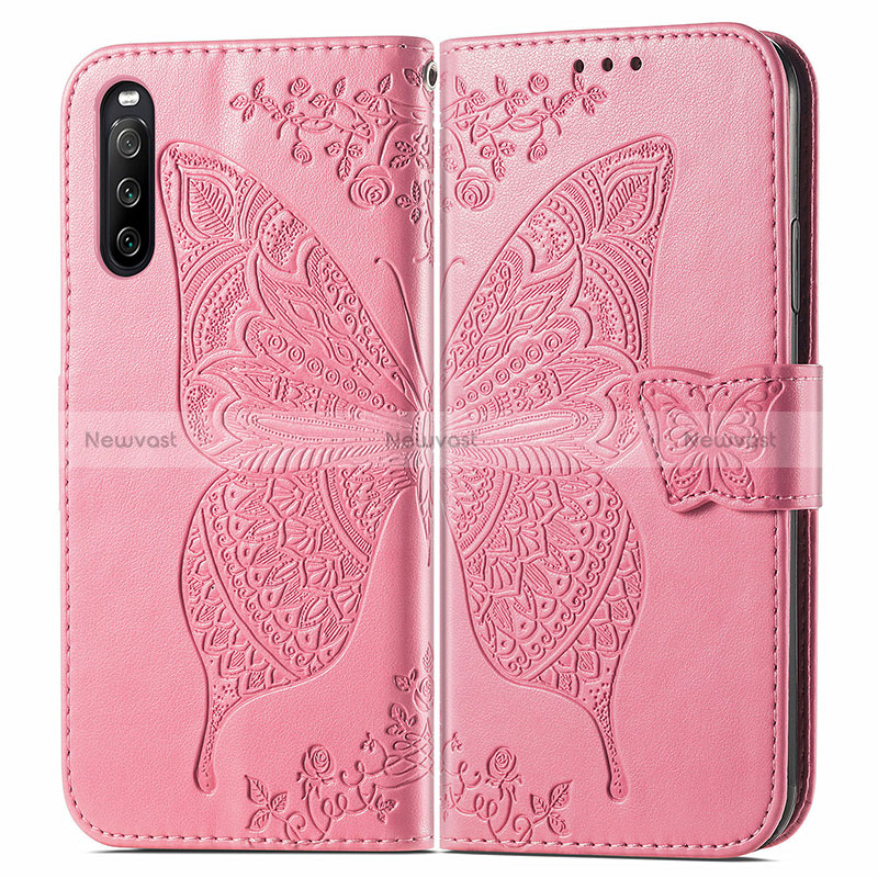 Leather Case Stands Butterfly Flip Cover Holder for Sony Xperia 10 III Hot Pink
