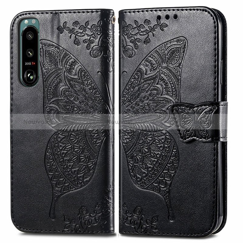 Leather Case Stands Butterfly Flip Cover Holder for Sony Xperia 5 III Black