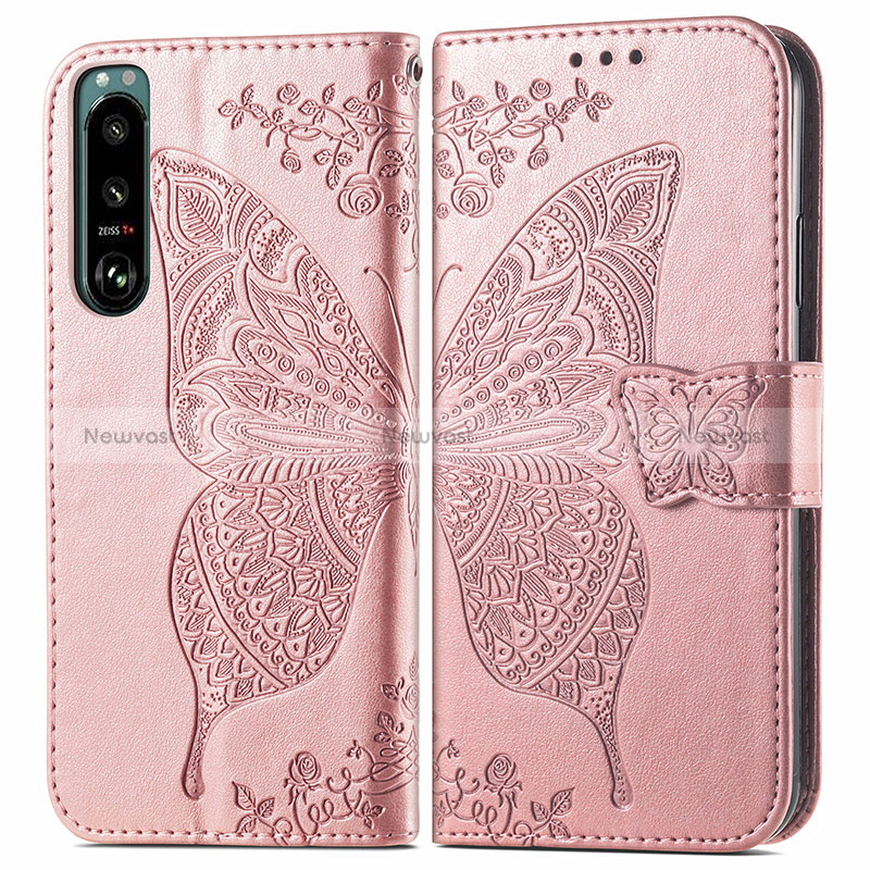 Leather Case Stands Butterfly Flip Cover Holder for Sony Xperia 5 III Pink